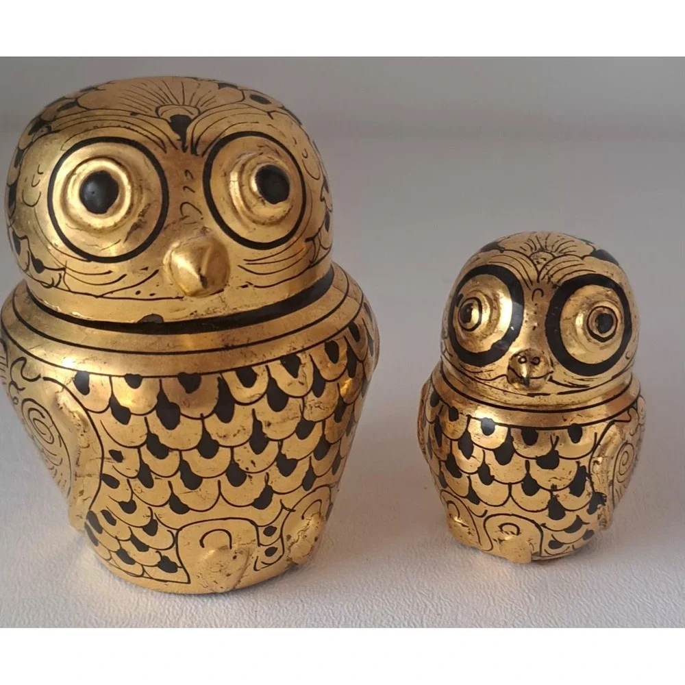 Vintage Burmese Owl Gold Gilt Lacquer Nesting Boxes Set Of 2